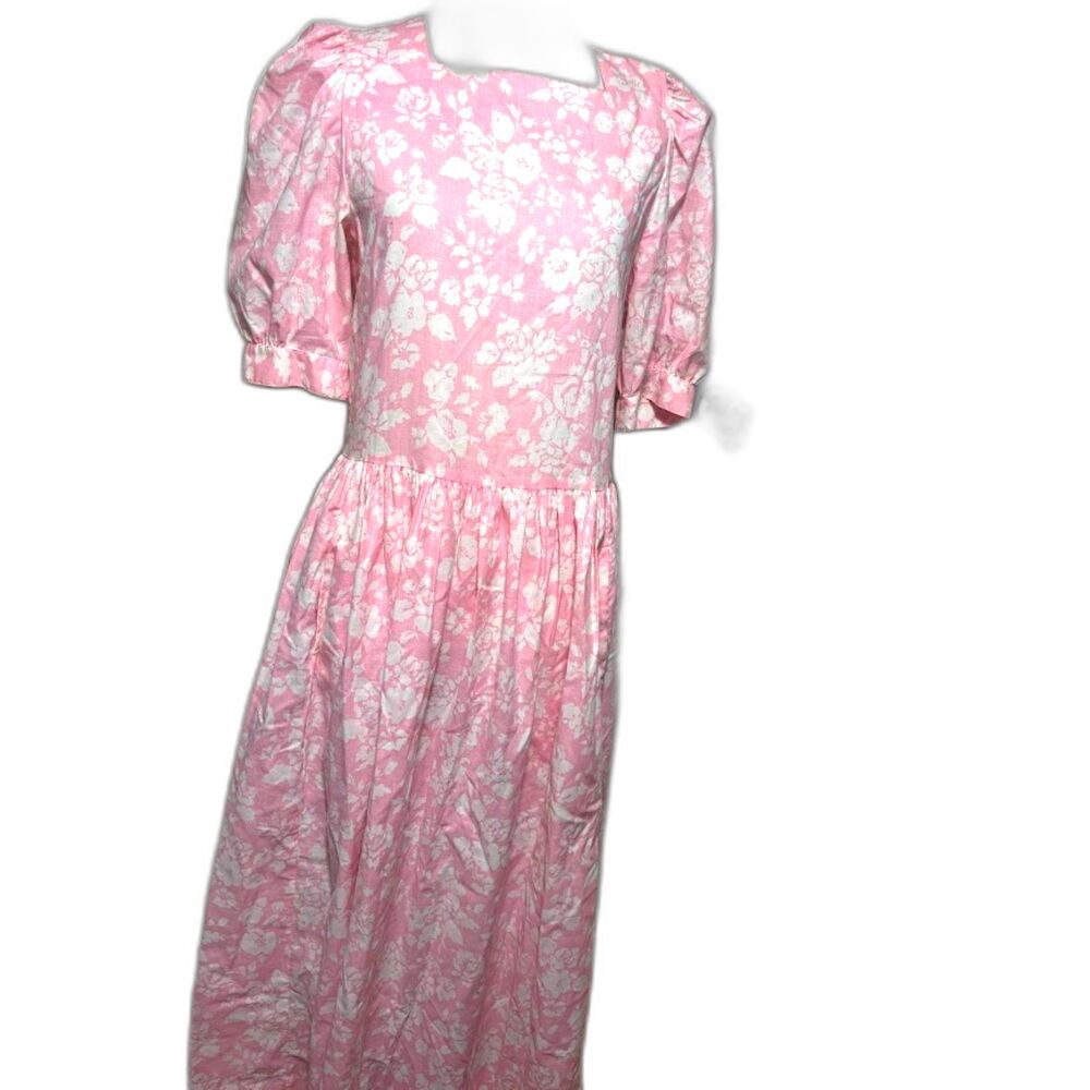 Laura Ashley Vintage Flour Sack Floral Prairie Midi Dress Pink White 10 Cotton